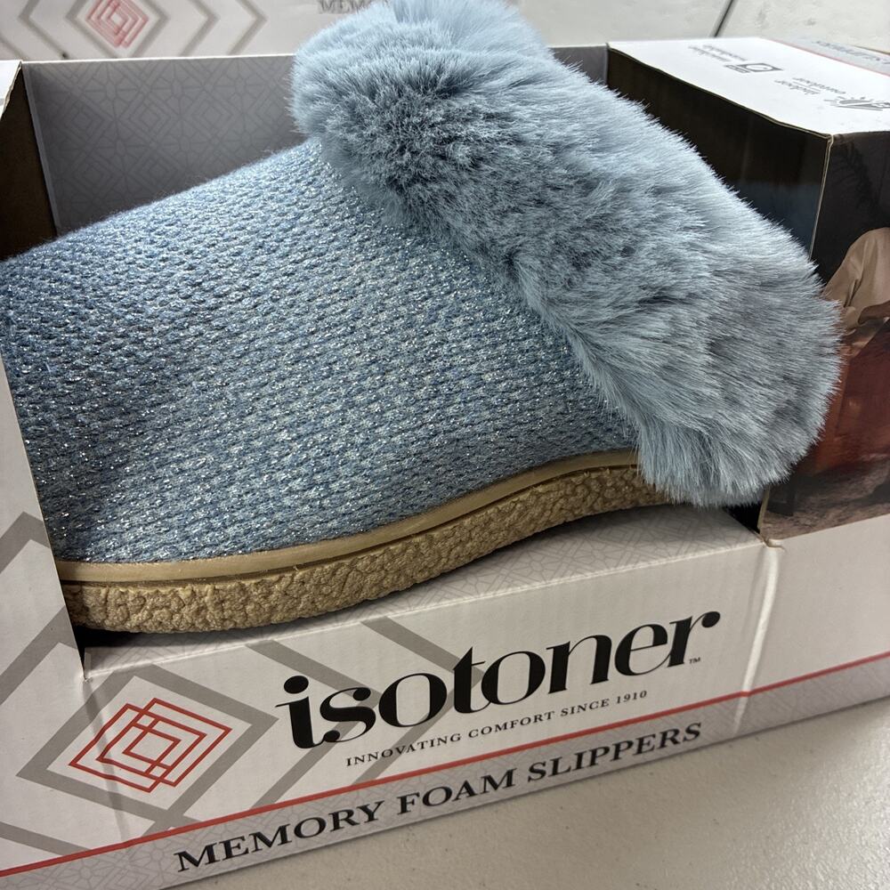 Isotoner Blue Memory Foam Rubber Bottoms Womens Slippers Knit Fur Large 8.5-9